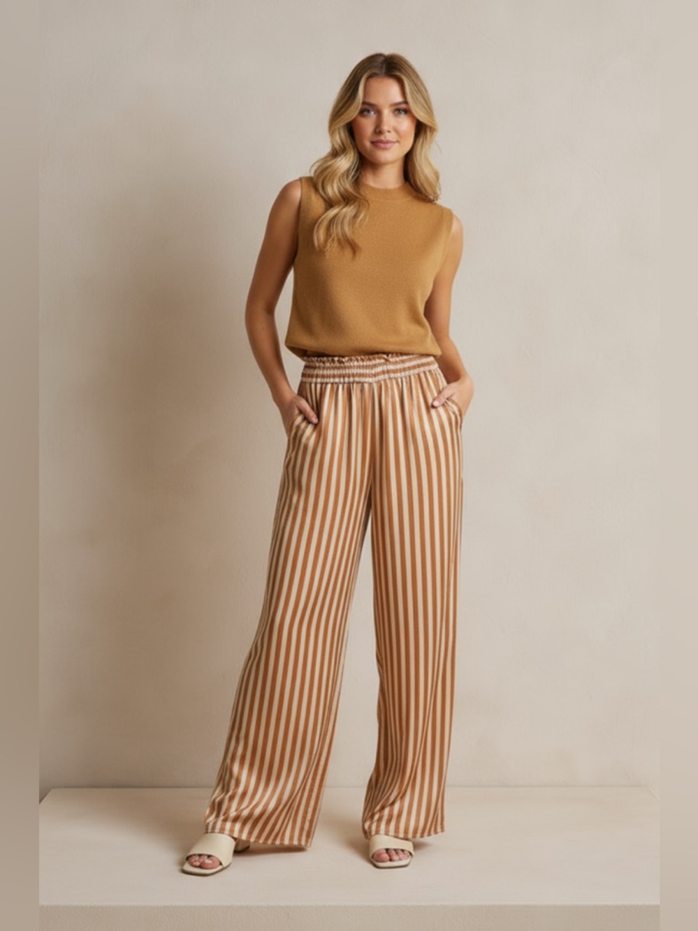 THE RIVIERA STRIPES WIDE LEG SATIN PANTS ( Dusty Rose )